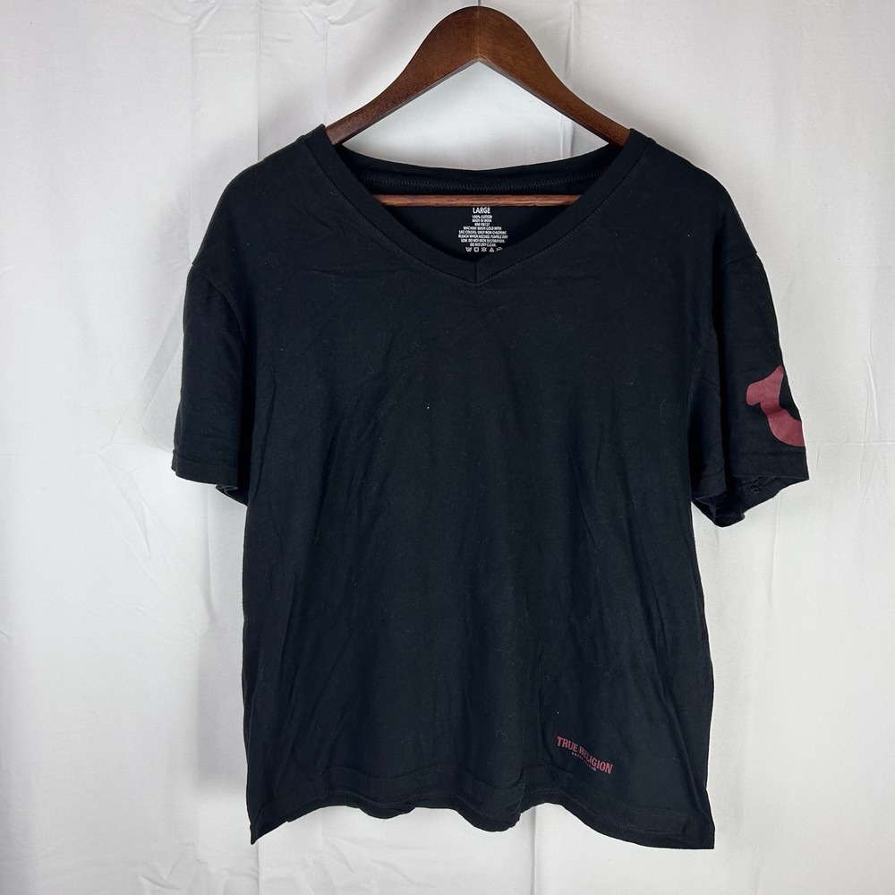 True‎ Religion T Shirt Women's Large Black Short Sleeve V Neck Cotton Tee